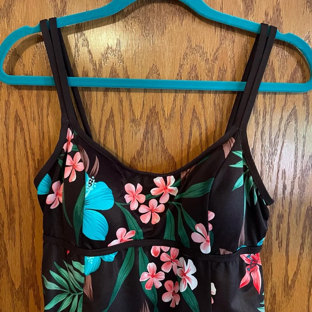 Floral Brown Swim Dress with Pink and Blue Accents Size 16 - Picture 3 of 8